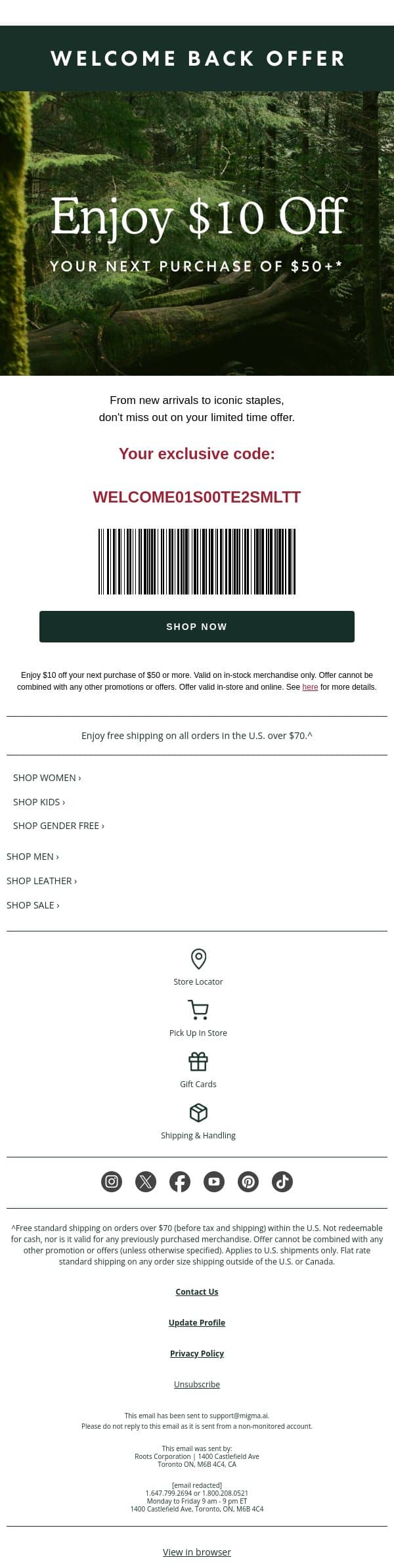 Your Discount Is Still Waiting! email from Roots screenshot
