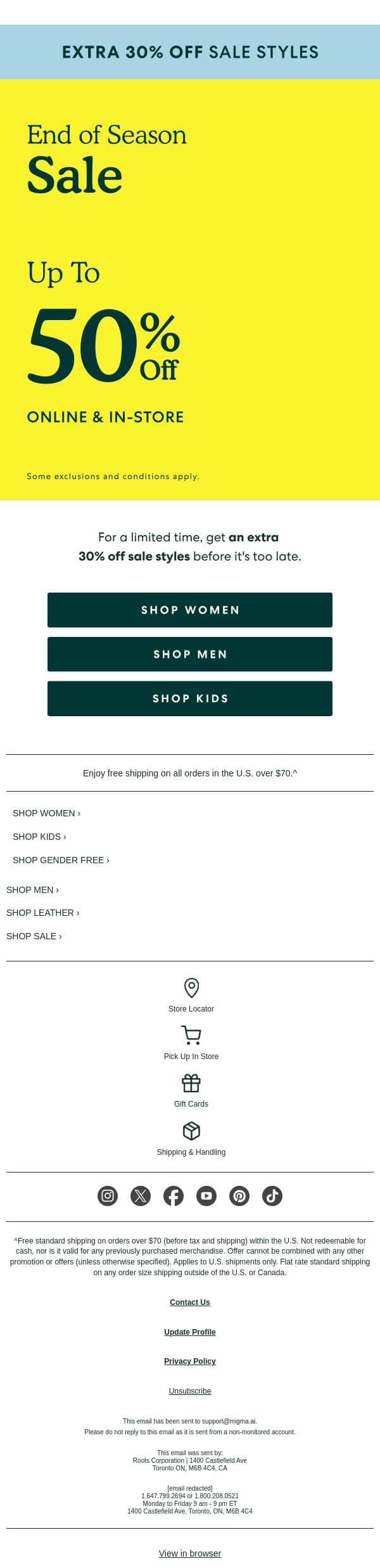 Extra 30% OFF Sale Starts Now! ⏳ email from Roots screenshot