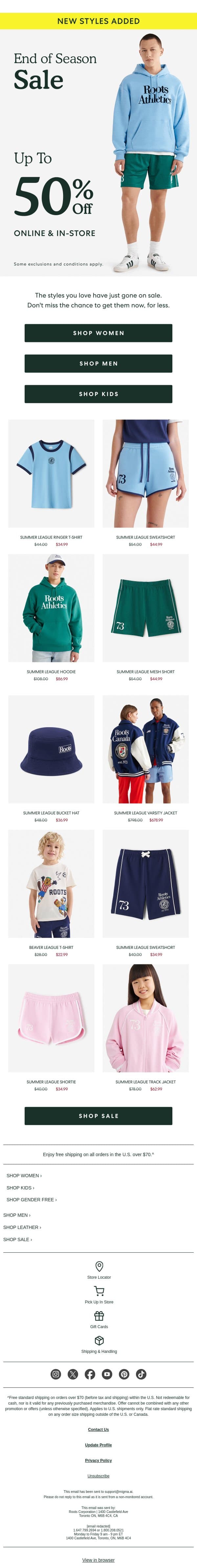 NEW STYLES ADDED TO SALE! email from Roots screenshot