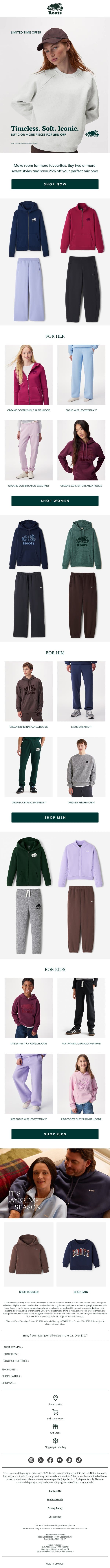 Buy Any 2 Sweat Pieces, Get 25% OFF! email from Roots screenshot