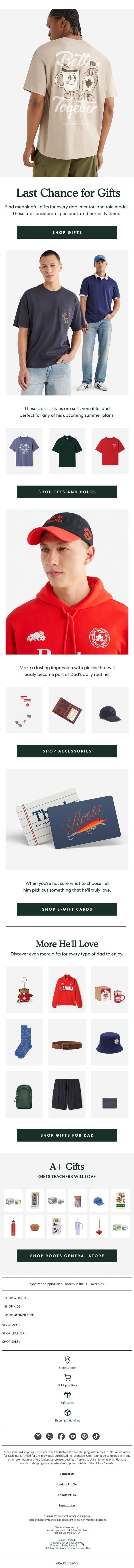 Last Chance for Father’s Day Gifts! ⏰ email from Roots screenshot