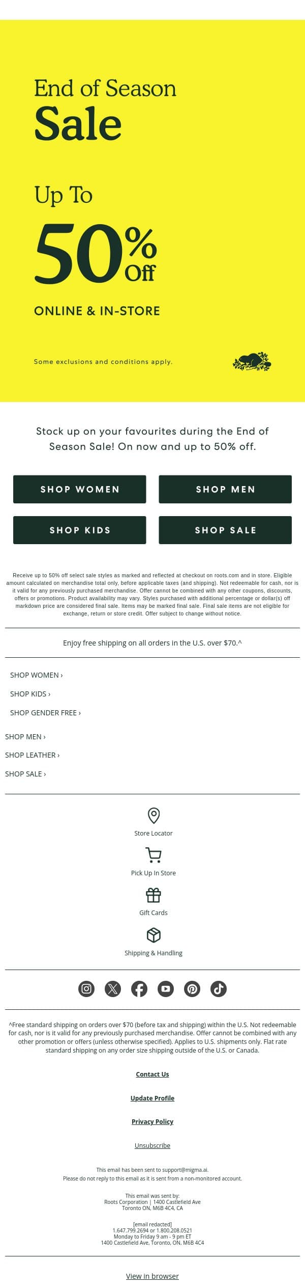 Up to 50% OFF Sale ➡️ ON NOW! email from Roots screenshot