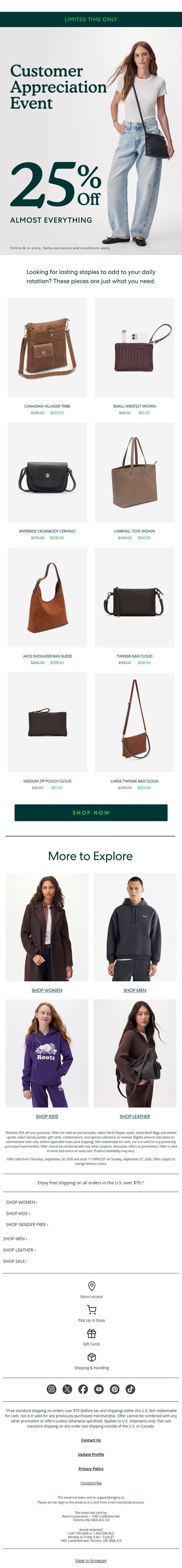 Leather Styles You Need 🤎 Now 25% OFF email from Roots screenshot