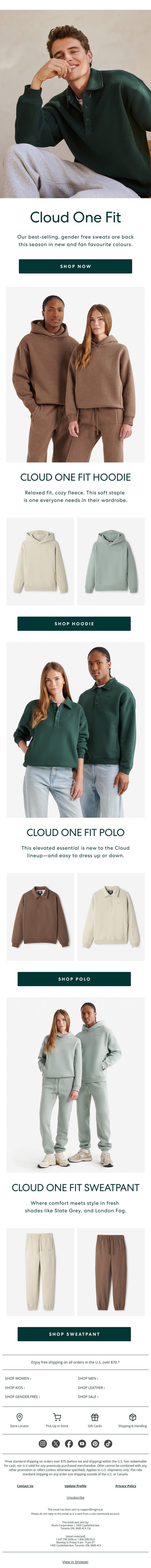 Our Cloud Sweats Everyone Loves email from Roots screenshot