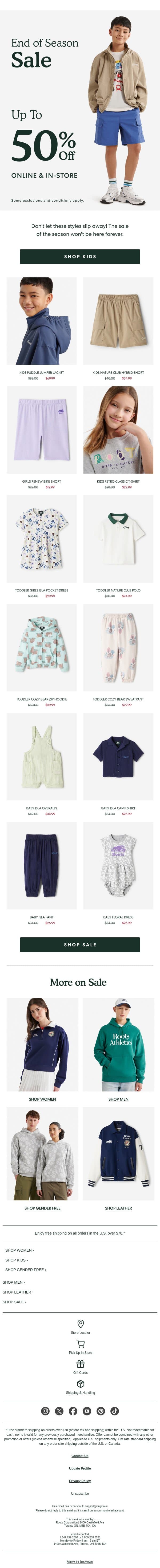 Kids’ Sale Styles, Going Fast email from Roots screenshot