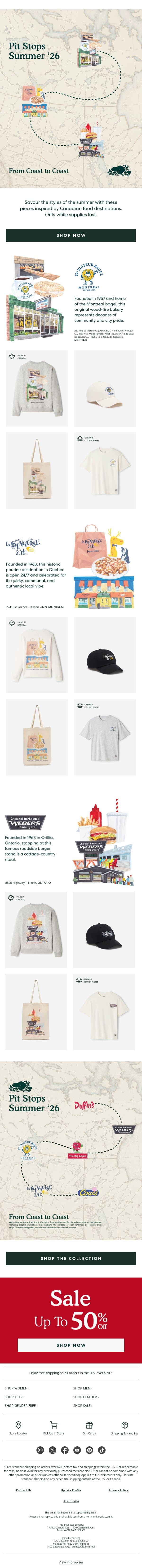 Savour the Pit Stops Summer '26 Collection email from Roots screenshot