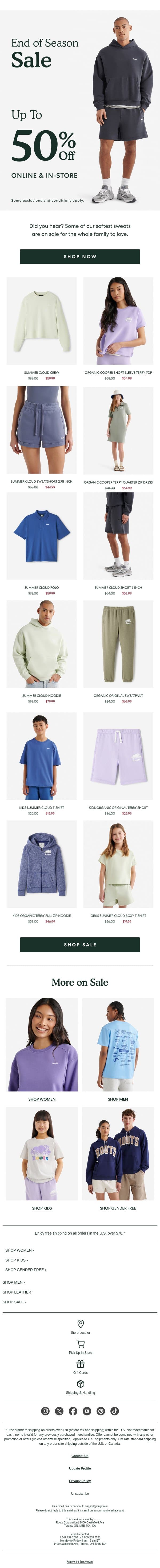 Up to 50% OFF Summer Sweats email from Roots screenshot