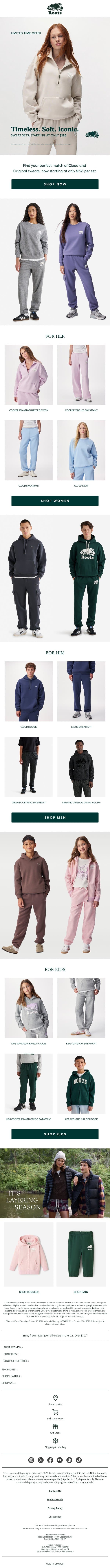 ON NOW: $126 for a Matching Sweat Set email from Roots screenshot