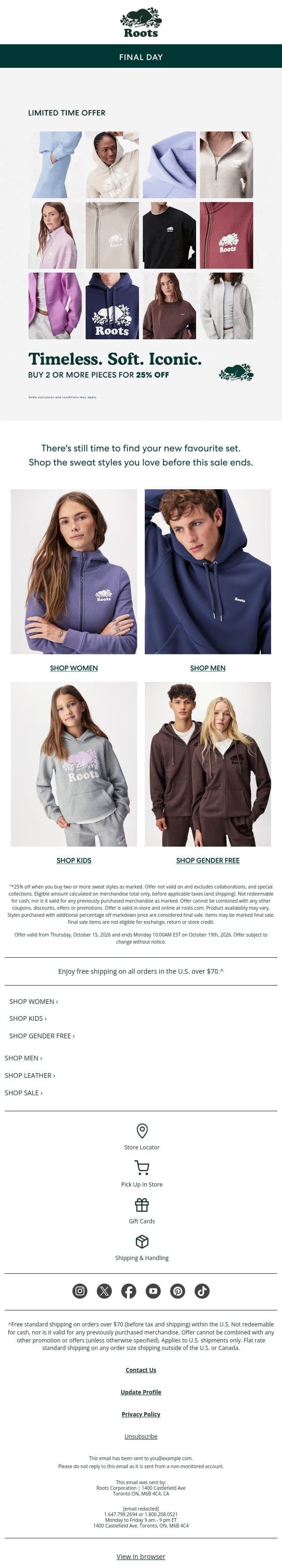FINAL DAY FOR 25% OFF SWEAT SETS email from Roots screenshot