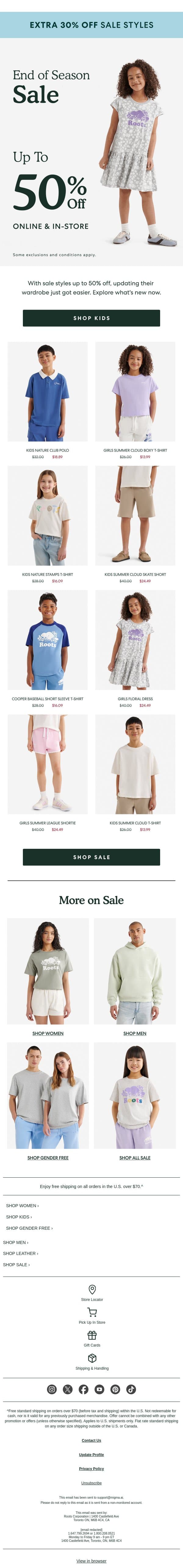 Wearable. Durable. Up to 50% OFF. email from Roots screenshot