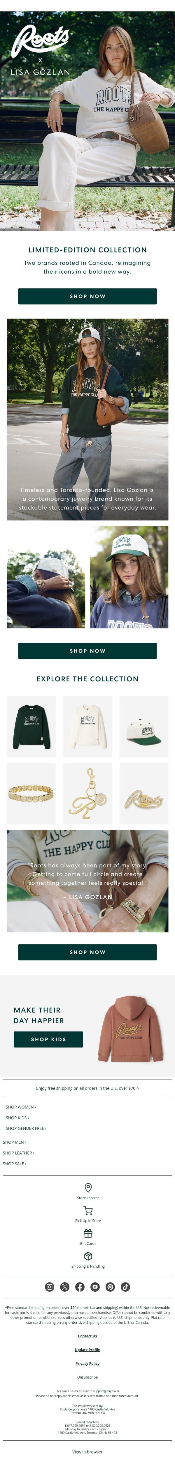 Roots x Lisa Gozlan Is Here 🦫✨ email from Roots screenshot