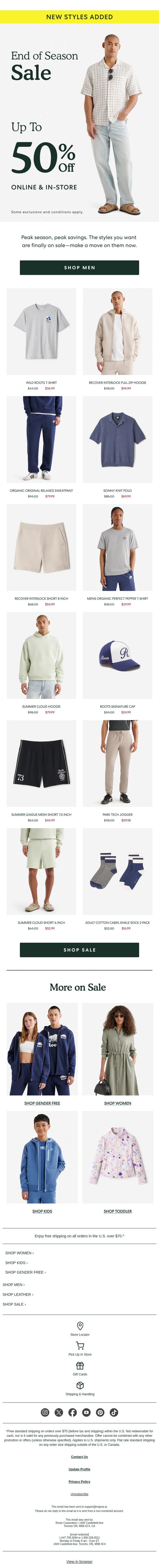 Up to 50% OFF Men's Most-Wanted email from Roots screenshot