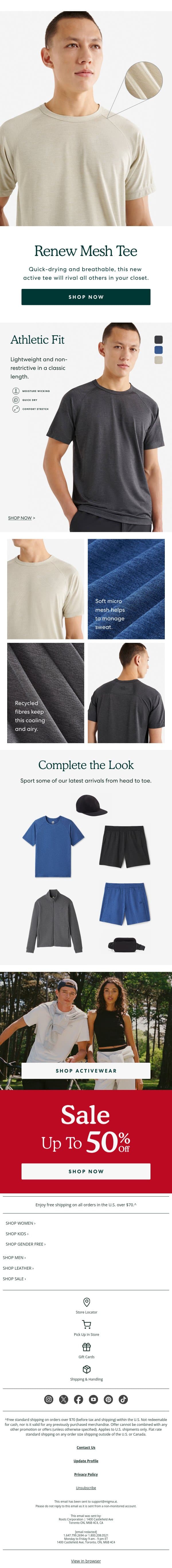 A Top Choice: The Renew Mesh Tee email from Roots screenshot