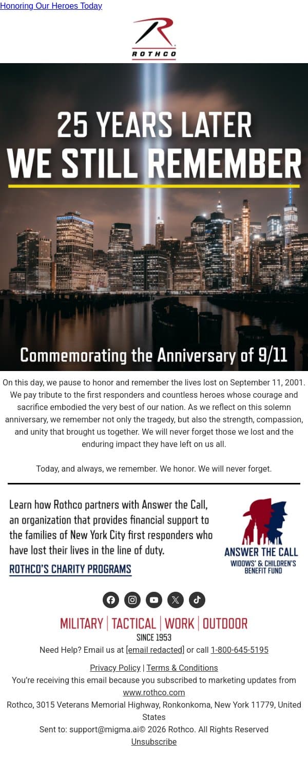 In Remembrance of September 11th email from Rothco screenshot