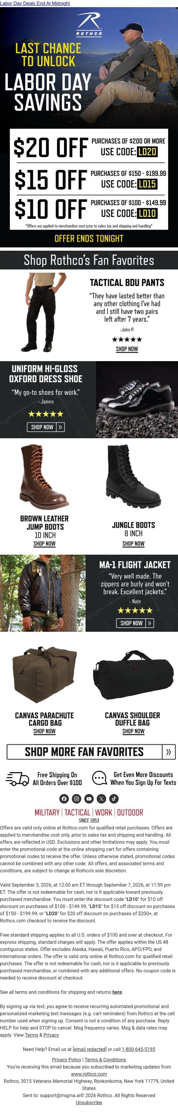 Don’t Let $20 Off Slip Away email from Rothco screenshot