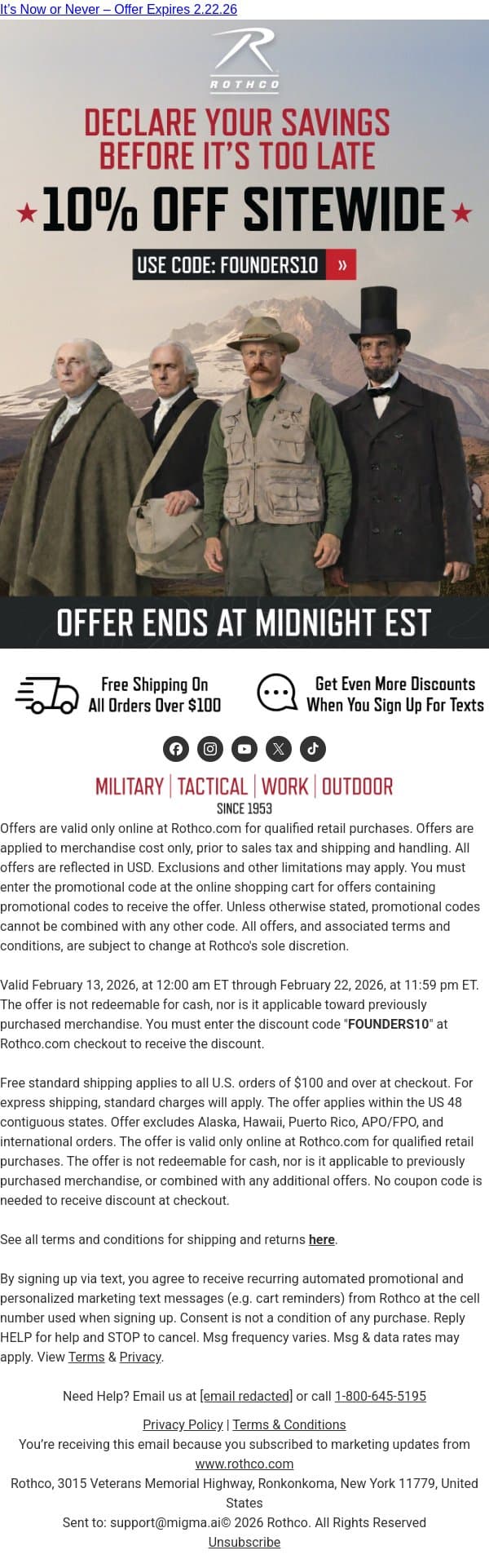 Last Call To Save 10% Off Your Next Order email from Rothco screenshot