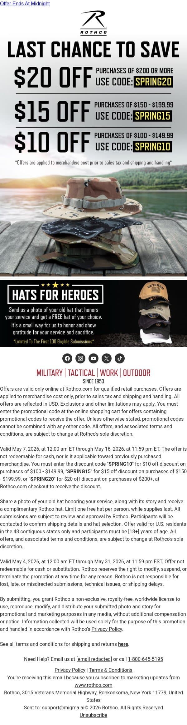 Your Last Shot at $20 Off email from Rothco screenshot