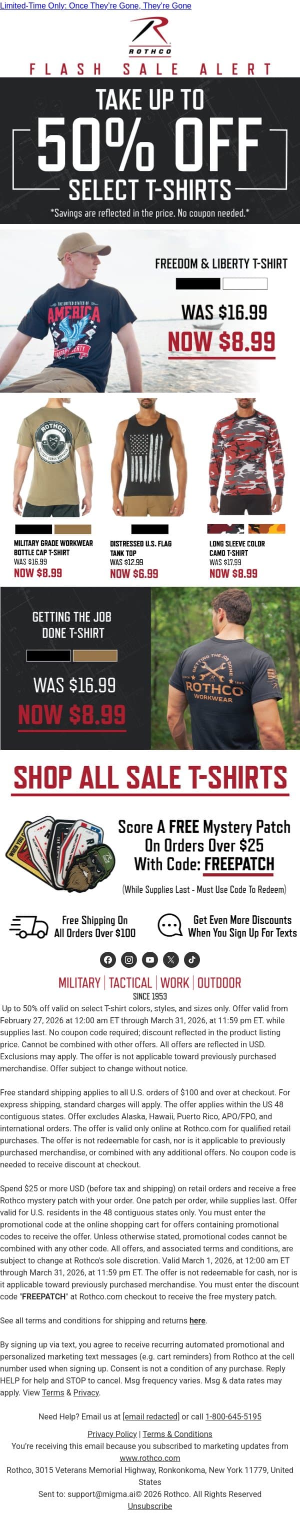 Major Sale: Up to 50% Off Select Tees email from Rothco screenshot