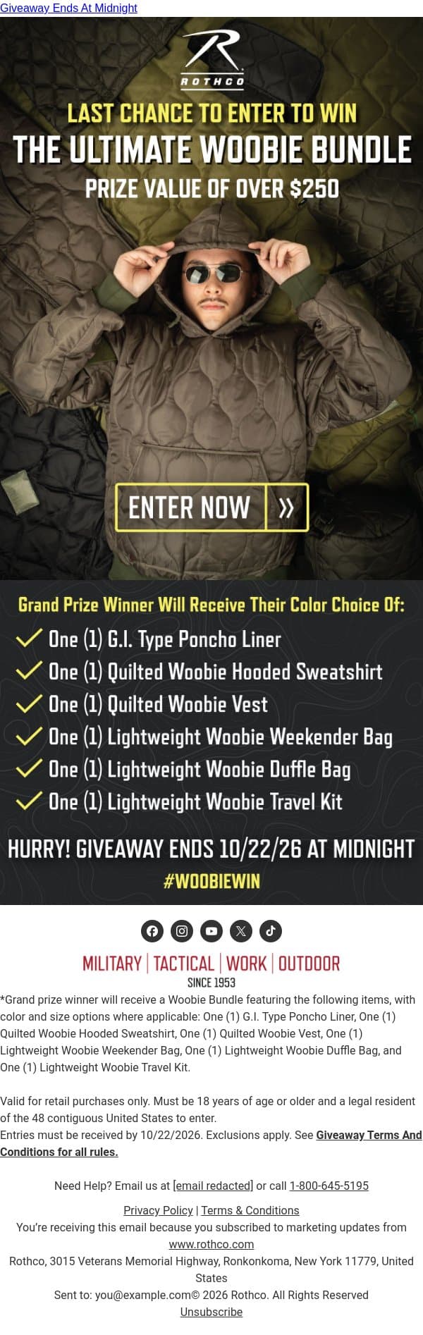 Last Chance to Score $250+ in Woobie Gear email from Rothco screenshot