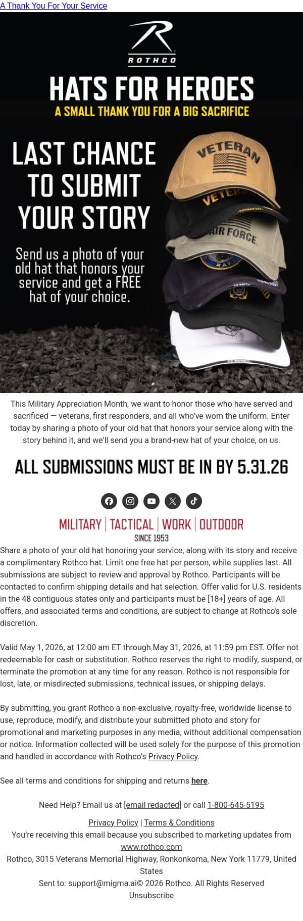 Last Chance To Submit Your Story email from Rothco screenshot