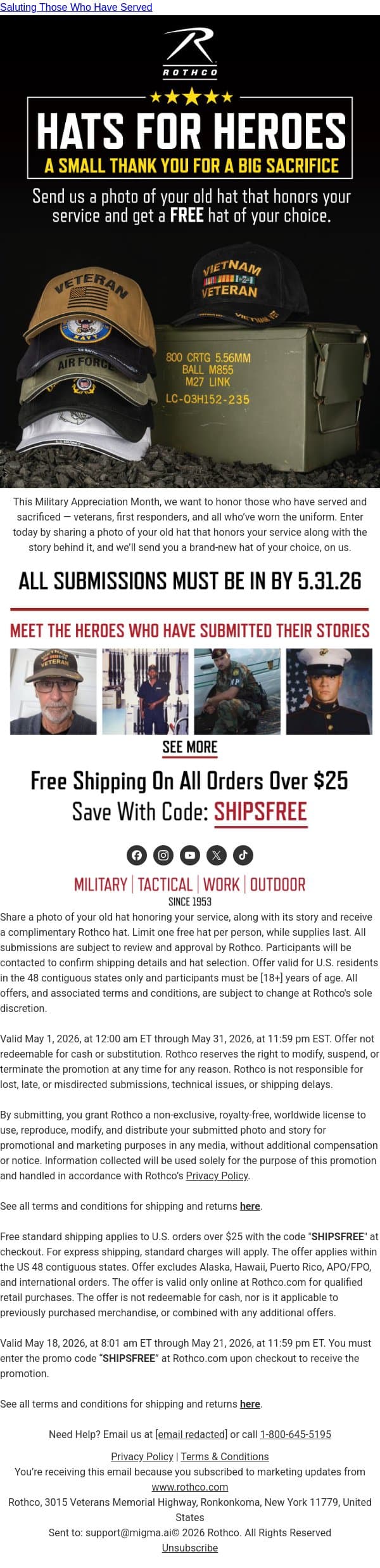 Hats Off to You – Send Yours, Get One Free email from Rothco screenshot