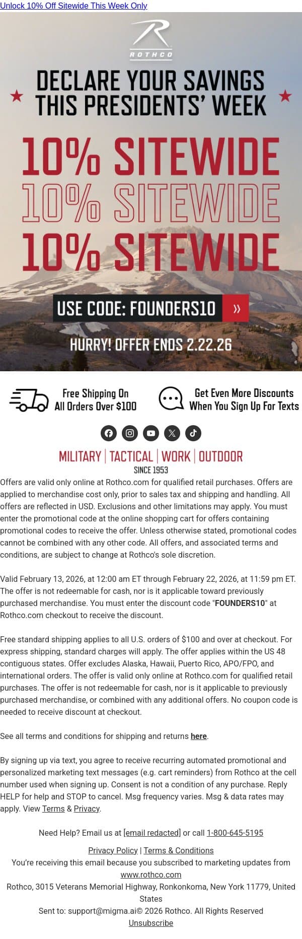 Your Presidents' Week Bonus: Extra 10% Off email from Rothco screenshot