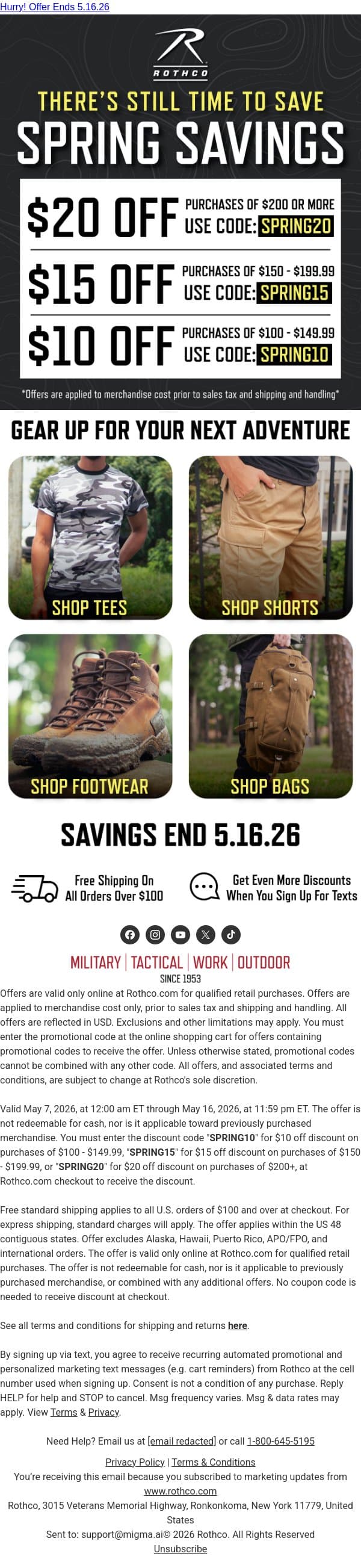 Save Up to $20 Before Time Runs Out email from Rothco screenshot