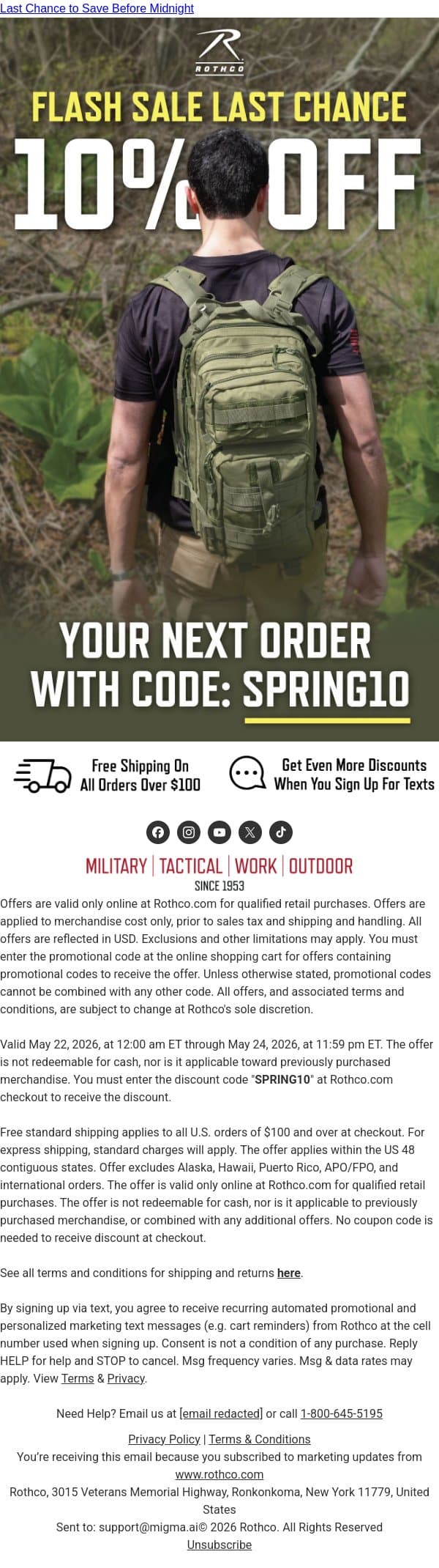 Quick—10% Sitewide Ends Tonight email from Rothco screenshot