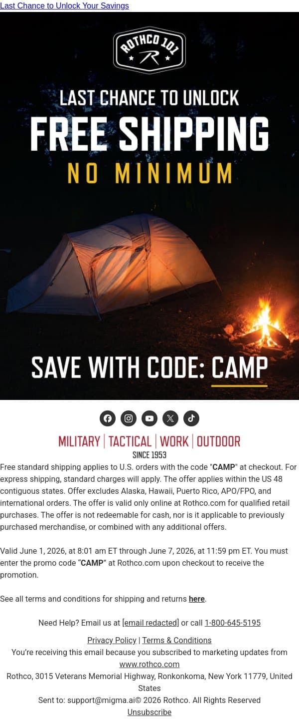 Free Shipping Is Leaving the Campsite email from Rothco screenshot