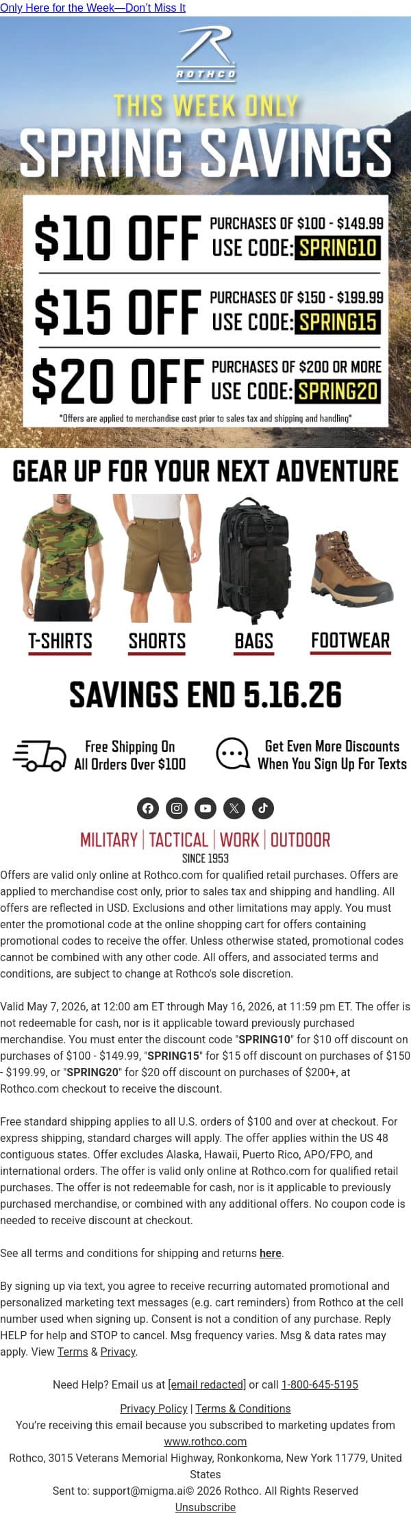 Spring Savings Week: Take Up to $20 Off email from Rothco screenshot