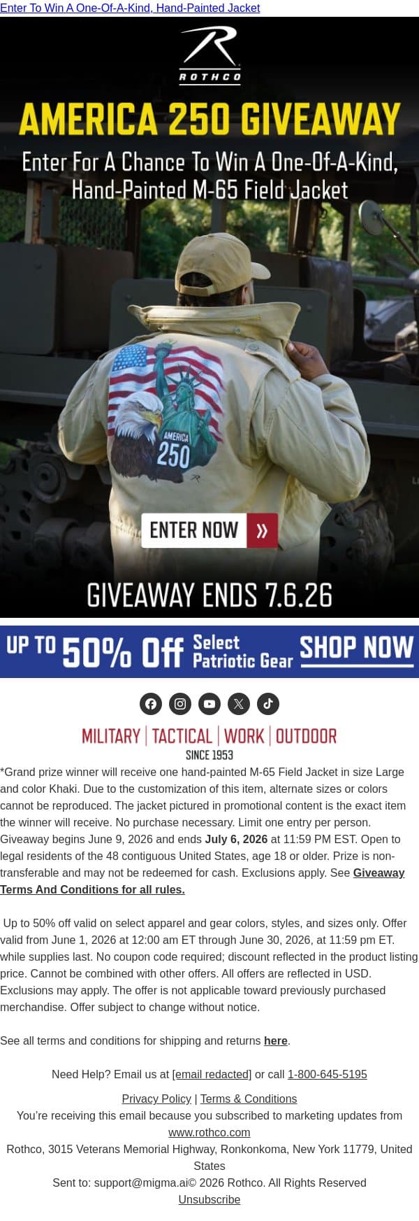 One Jacket. One Winner. Don’t Miss This. email from Rothco screenshot