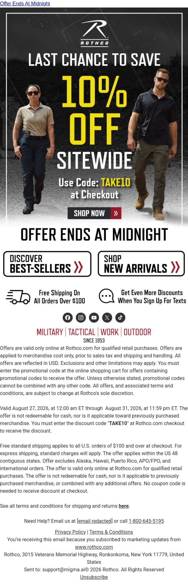 Your 10% Discount Ends in 3, 2, 1… email from Rothco screenshot