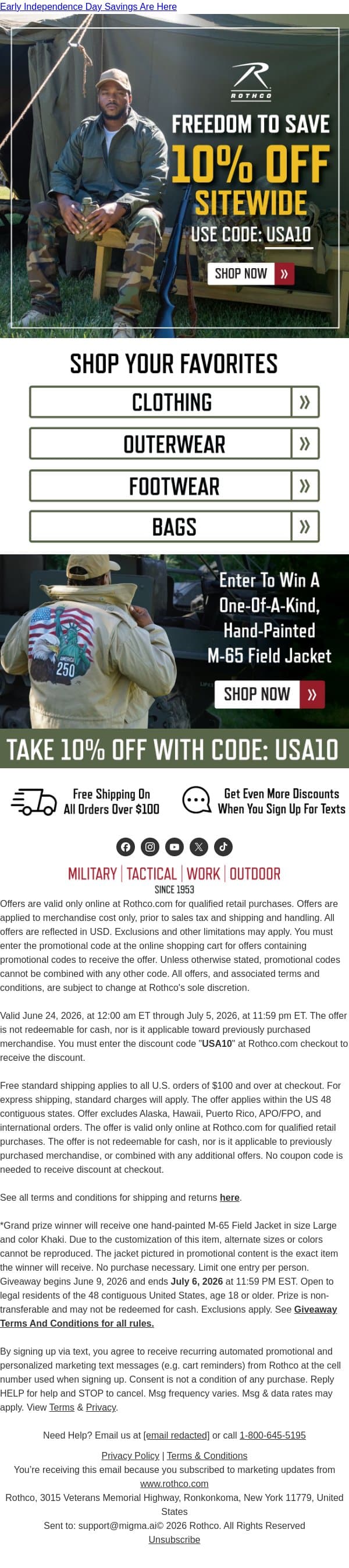 Celebrate Early & Save 10% Sitewide email from Rothco screenshot