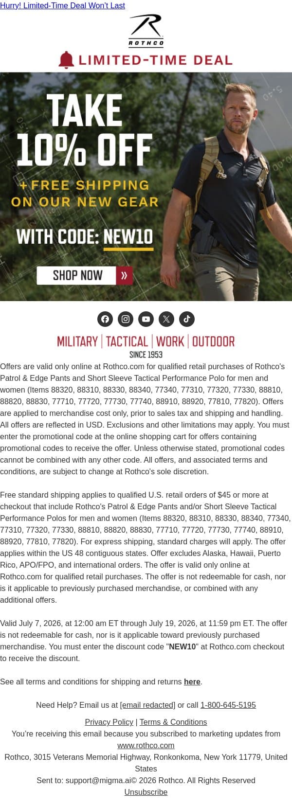 Take 10% Off + Free Shipping On New Arrivals email from Rothco screenshot