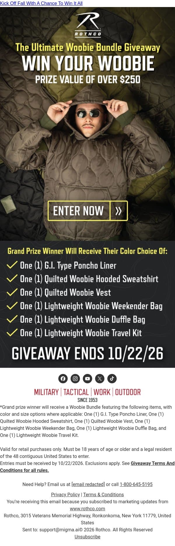 Win Your Woobie: $250+ Bundle Giveaway email from Rothco screenshot