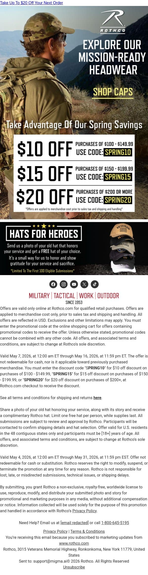 Sunny Days Call for a Cap email from Rothco screenshot