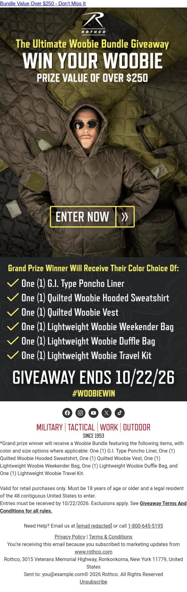 Enter To Win The Ultimate Woobie Bundle email from Rothco screenshot