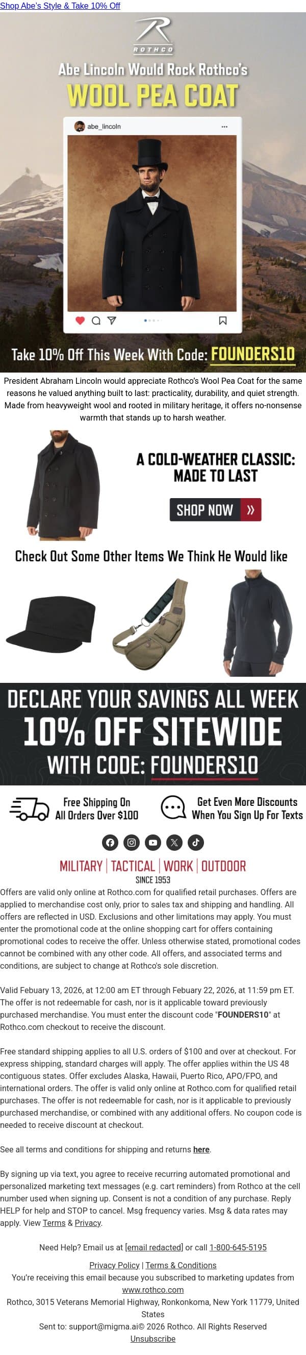 Abe Lincoln’s Choice for Cold Days email from Rothco screenshot