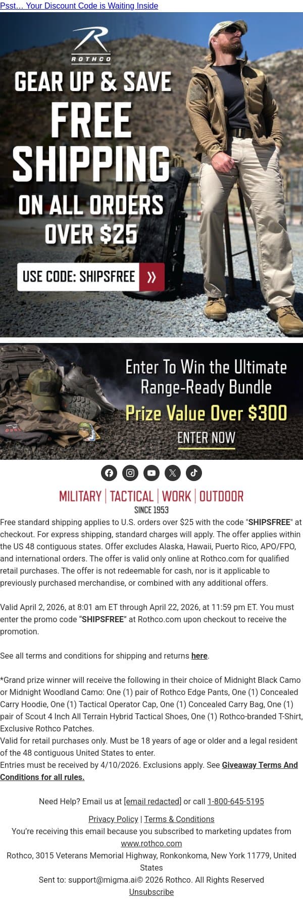 Spend $25, Get FREE SHIPPING email from Rothco screenshot