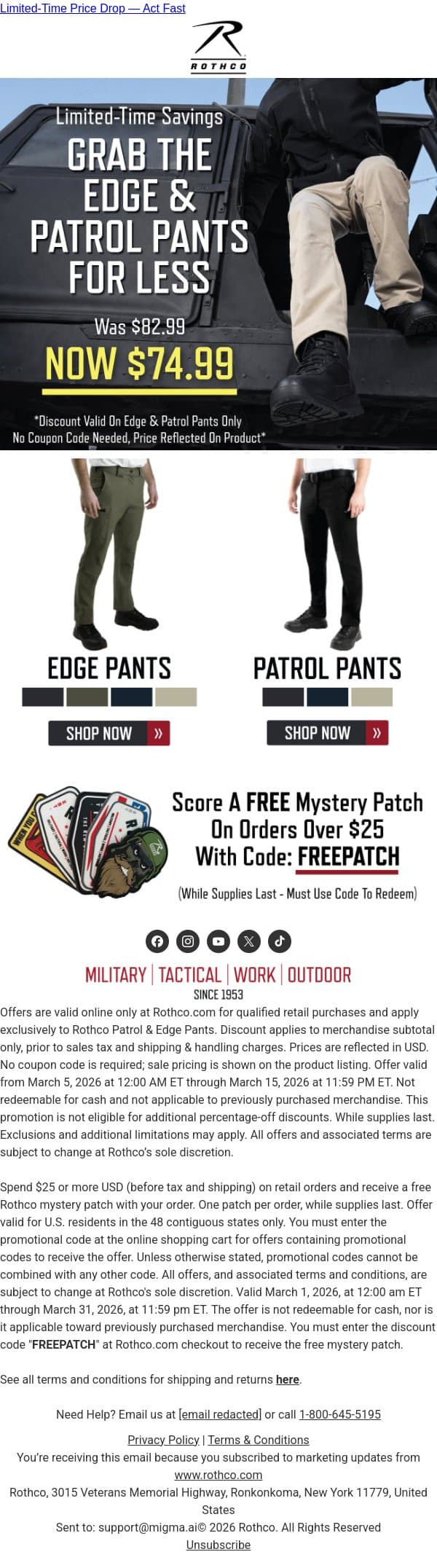 Flash Sale Alert: Patrol & Edge Pants Savings email from Rothco screenshot