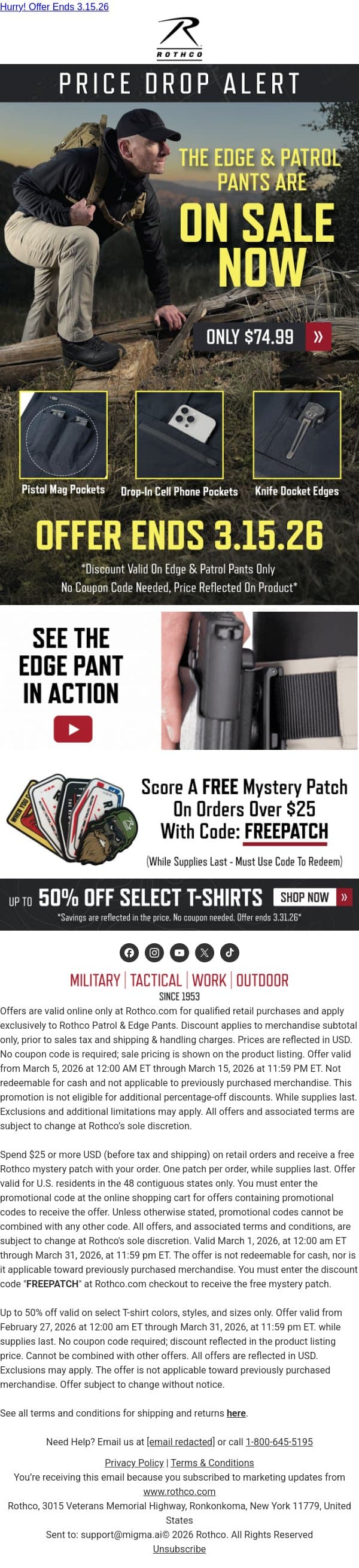 Price Drop Won’t Last: Save On Patrol & Edge Pants email from Rothco screenshot