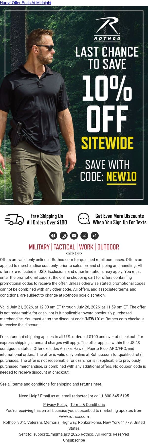 Final Hours: Take 10% OFF Sitewide email from Rothco screenshot