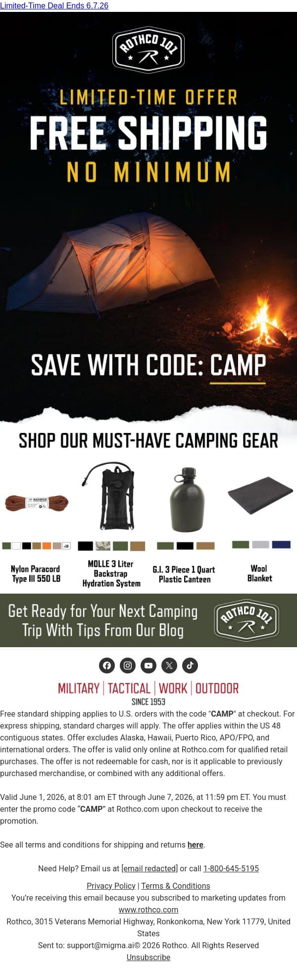 Pitch The Tent, We’ll Cover Shipping email from Rothco screenshot