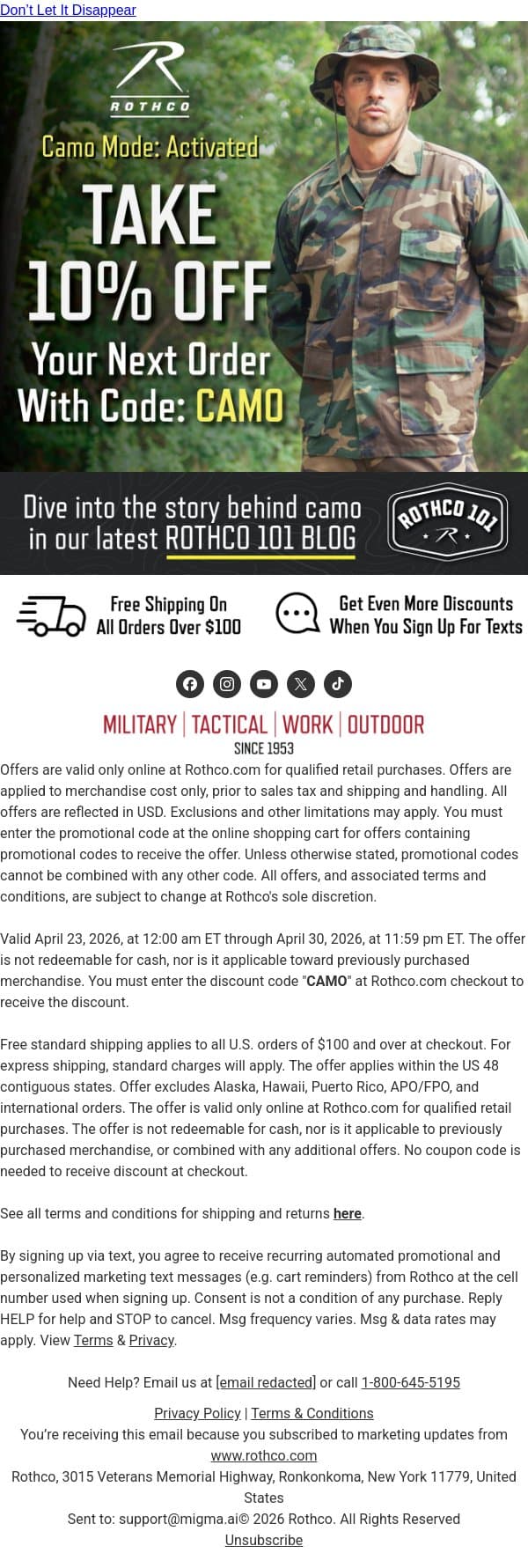 Your 10% Off Is Still Here email from Rothco screenshot