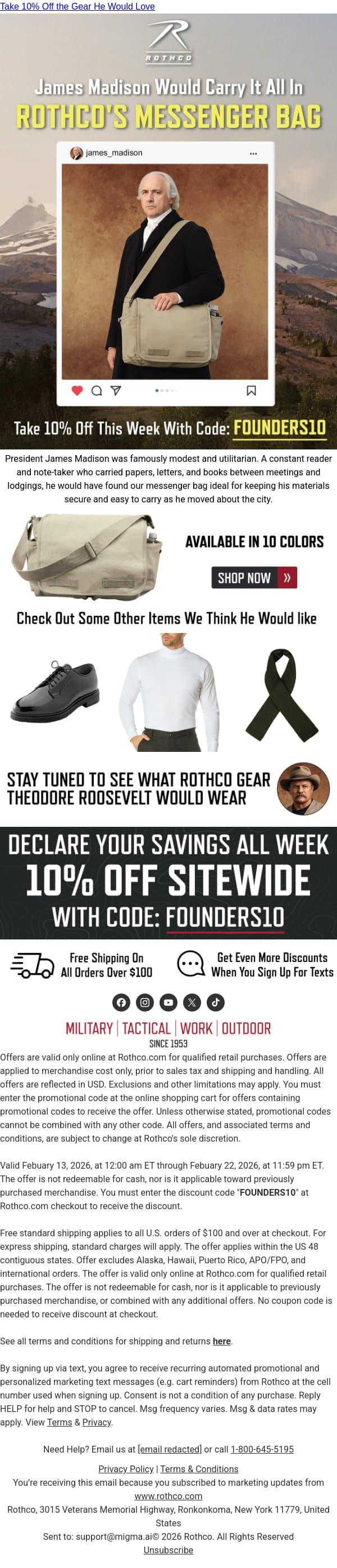 If James Madison Had a Daily Bag, This Would Be It email from Rothco screenshot