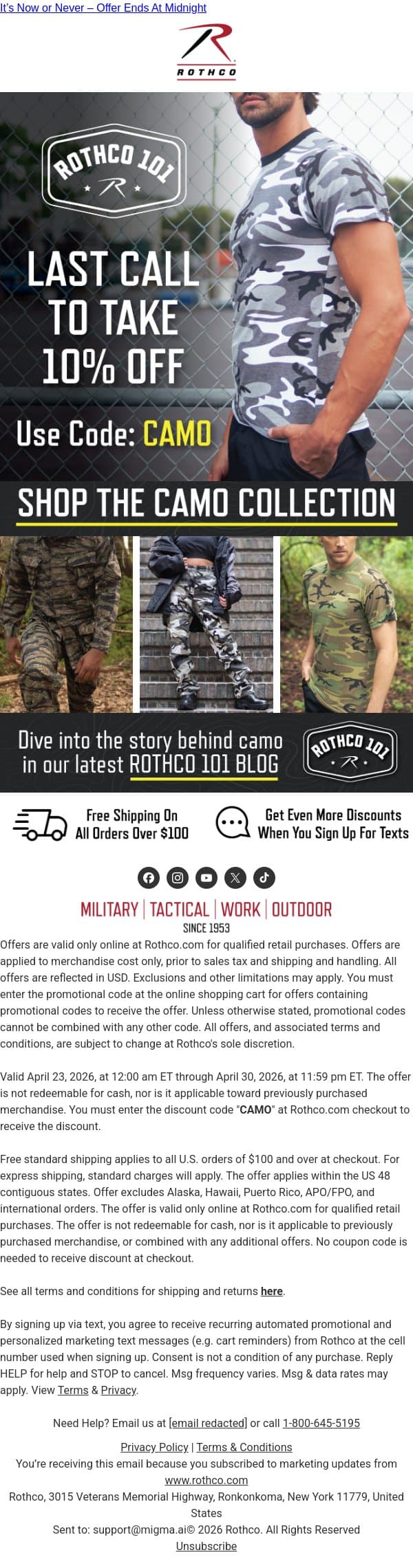 Your 10% Off Discount Ends in 3,2,1... email from Rothco screenshot