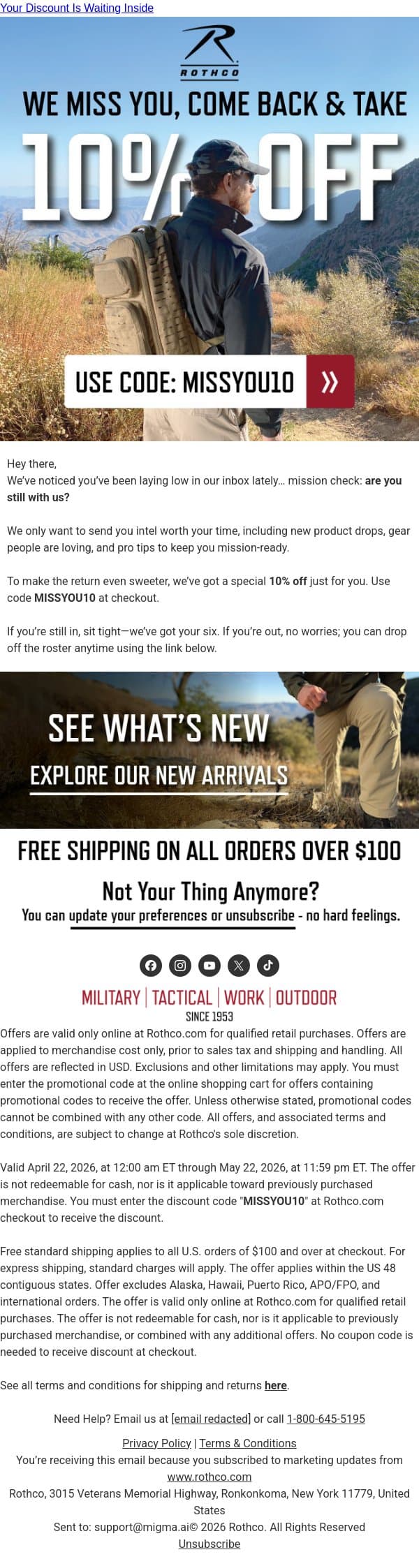 Miss Us? Come Back & Take 10% Off email from Rothco screenshot