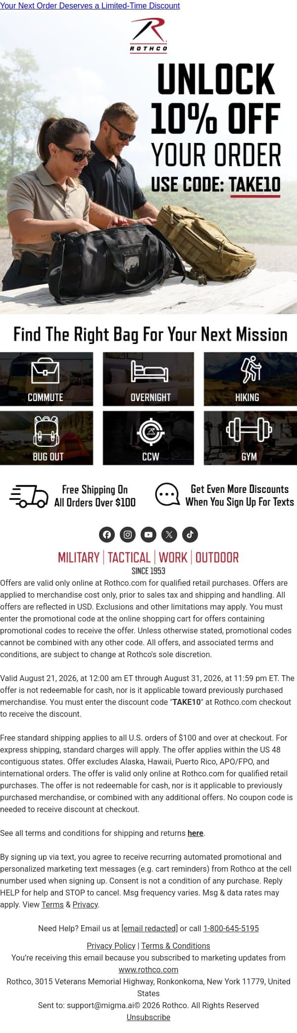 10% Off Your Next Order? Yes, Please. email from Rothco screenshot