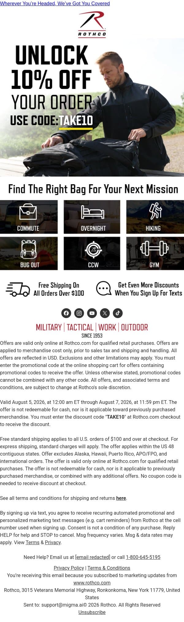 Take 10% Off Your Next Order email from Rothco screenshot