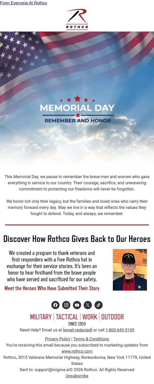 In Observance Of Memorial Day email from Rothco screenshot